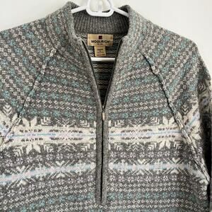 Woolrich Medium Petite Quarter Zip Wool Sweater Fair Isle Gray Blue White